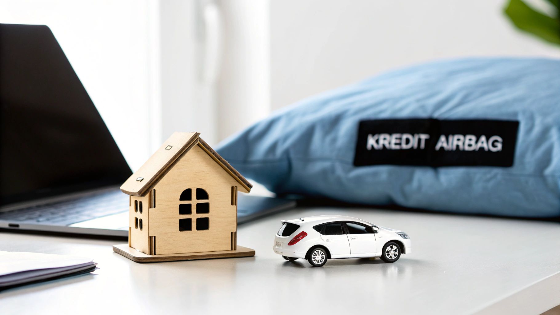 Holzhausmodell, Spielzeugauto, Laptop und ein blaues Kissen mit 'KREDIT AIRBAG' Aufschrift auf einem Schreibtisch.