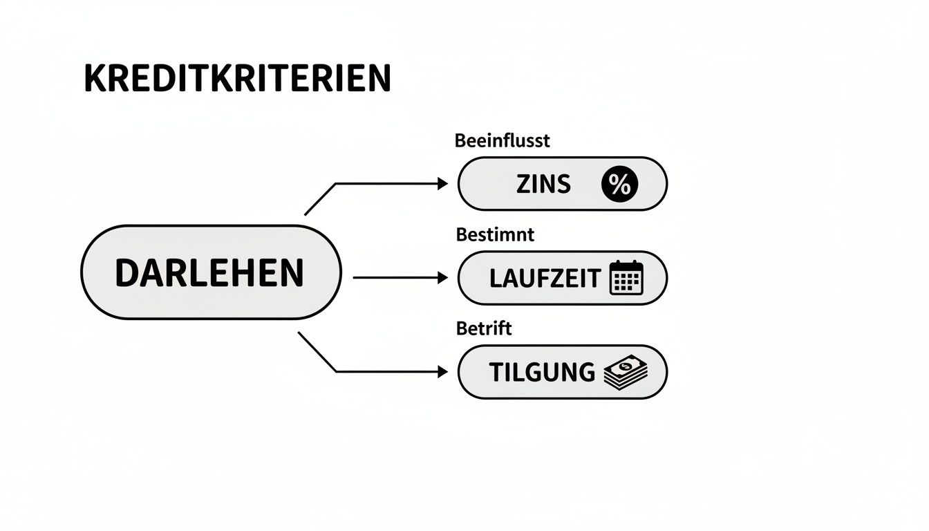 Flussdiagramm der Kreditkriterien: Darlehen beeinflusst Zins, Laufzeit und Tilgung mit entsprechenden Symbolen.