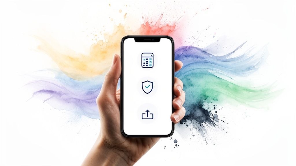 Hand hält Smartphone mit Rechner-, Schutz- und Upload-Symbol vor farbigem Aquarellhintergrund.