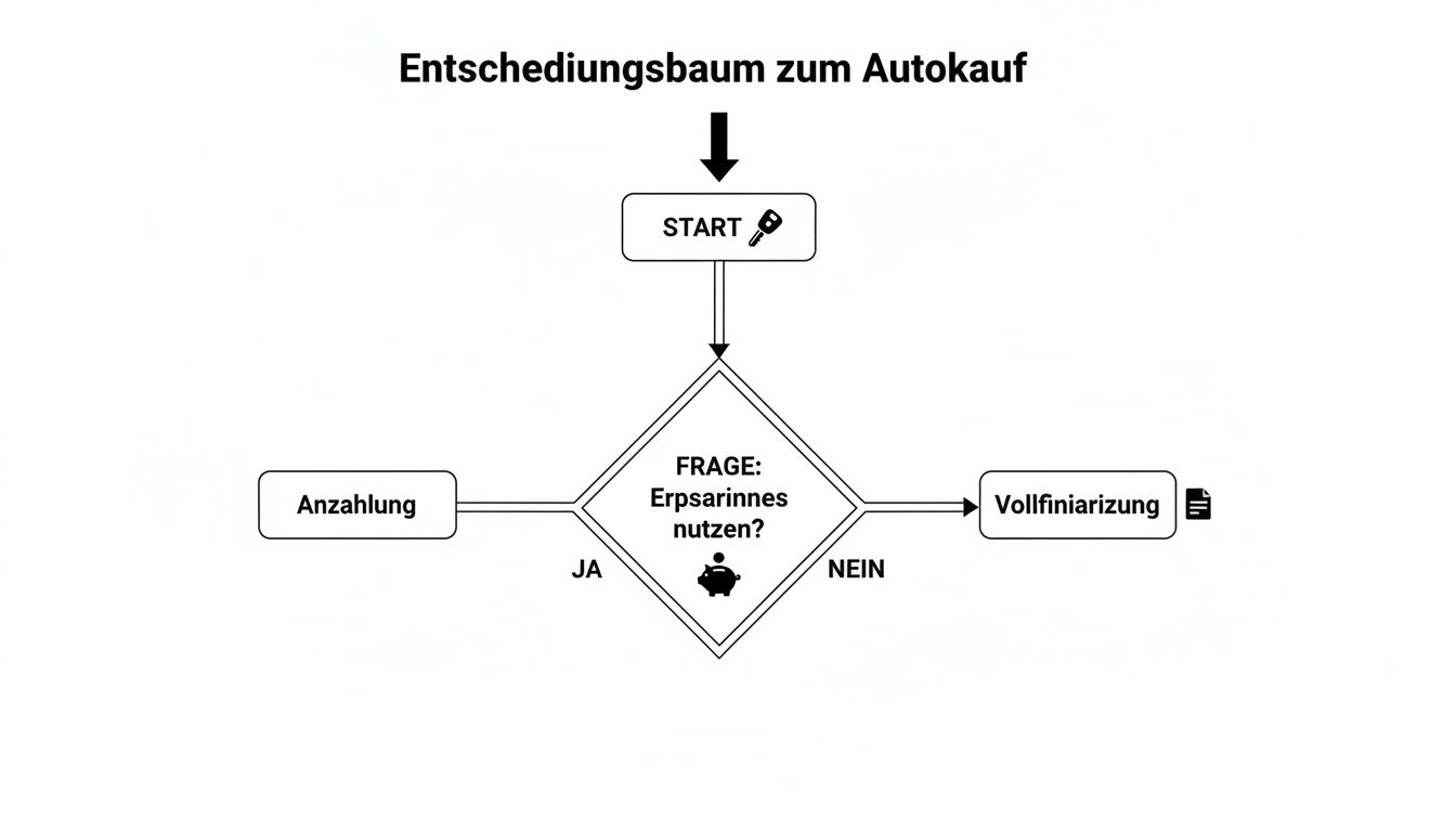 Entscheidungsbaum zum Autokauf: Start, Frage zur Nutzung von Ersparnissen, führt zu Anzahlung oder Vollfinanzierung.