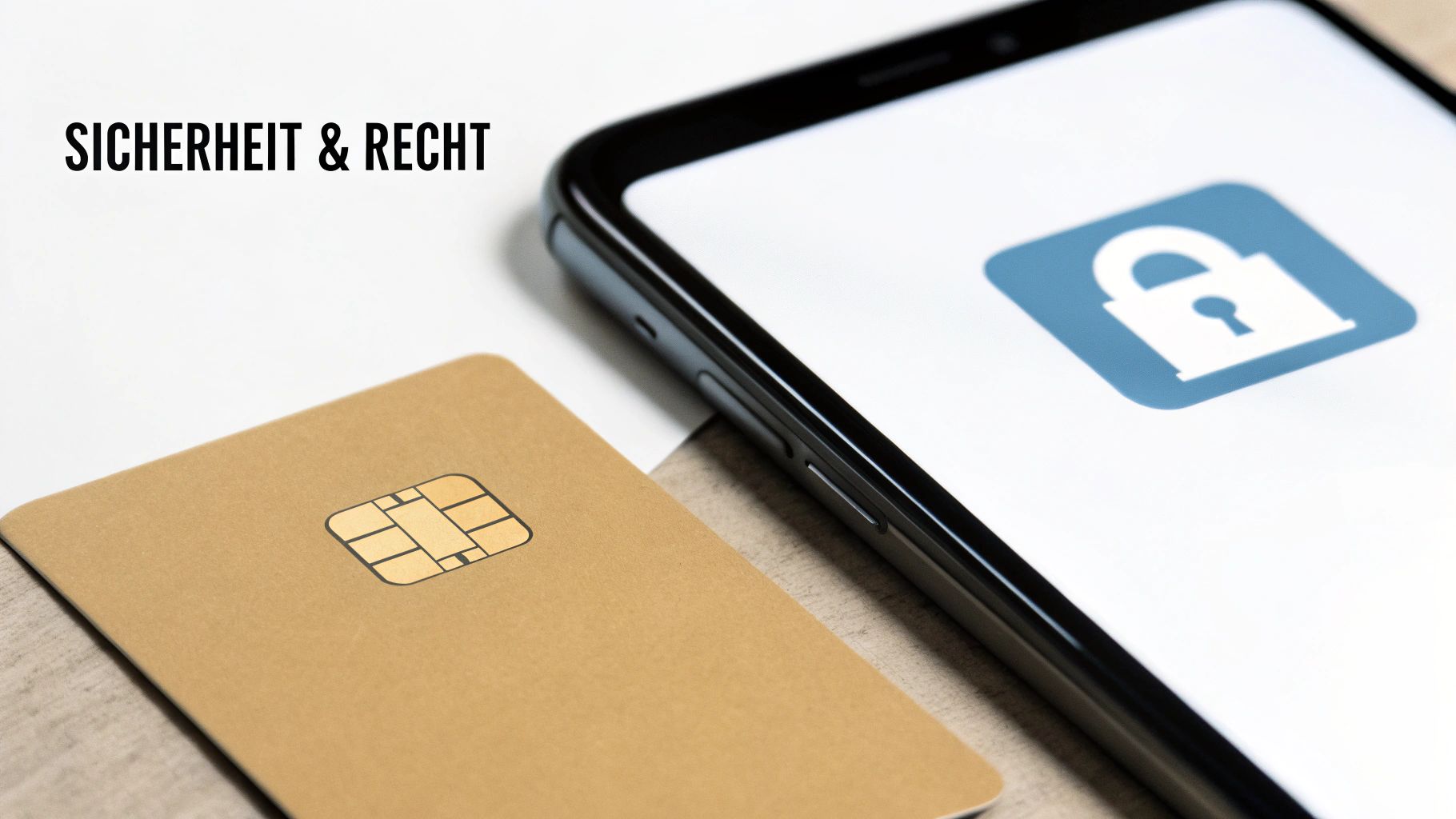 Eine goldene Karte mit Chip und ein Smartphone mit einem Schloss-Icon symbolisieren Sicherheit & Recht.