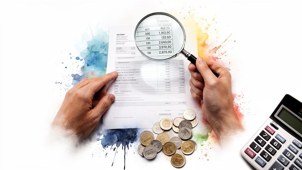 Hände prüfen Dokumente und Finanzen mit Lupe, Münzen und Taschenrechner vor Aquarellhintergrund.