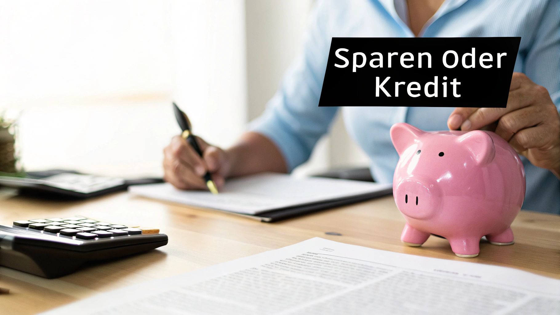 Eine Person schreibt an einem Schreibtisch mit einer Sparschwein und einem Taschenrechner. Text: 'Sparen Oder Kredit'.