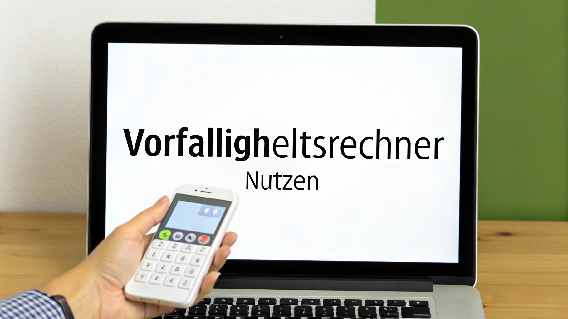 Hand hält Smartphone mit Taschenrechner-App vor Laptop, der 'Vorfälligkeitsrechner Nutzen' anzeigt.