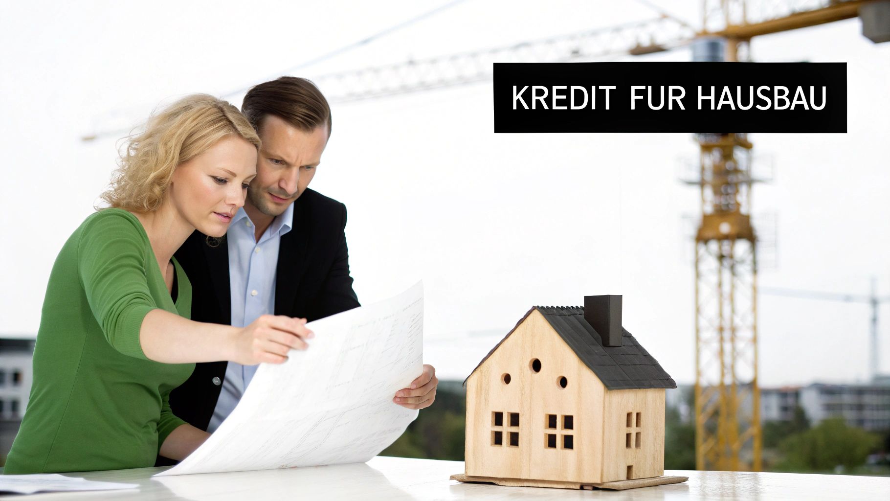 Zwei Personen studieren Baupläne neben einem kleinen Hausmodell vor einer Baustellenkulisse.