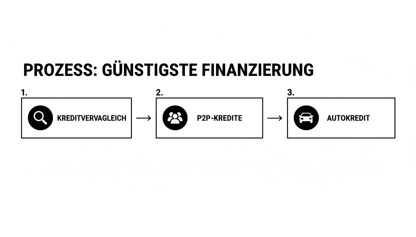 Ein dreistufiger Prozess zur günstigsten Finanzierung, beginnend mit Kreditvergleich, über P2P-Kredite, bis zum Autokredit.