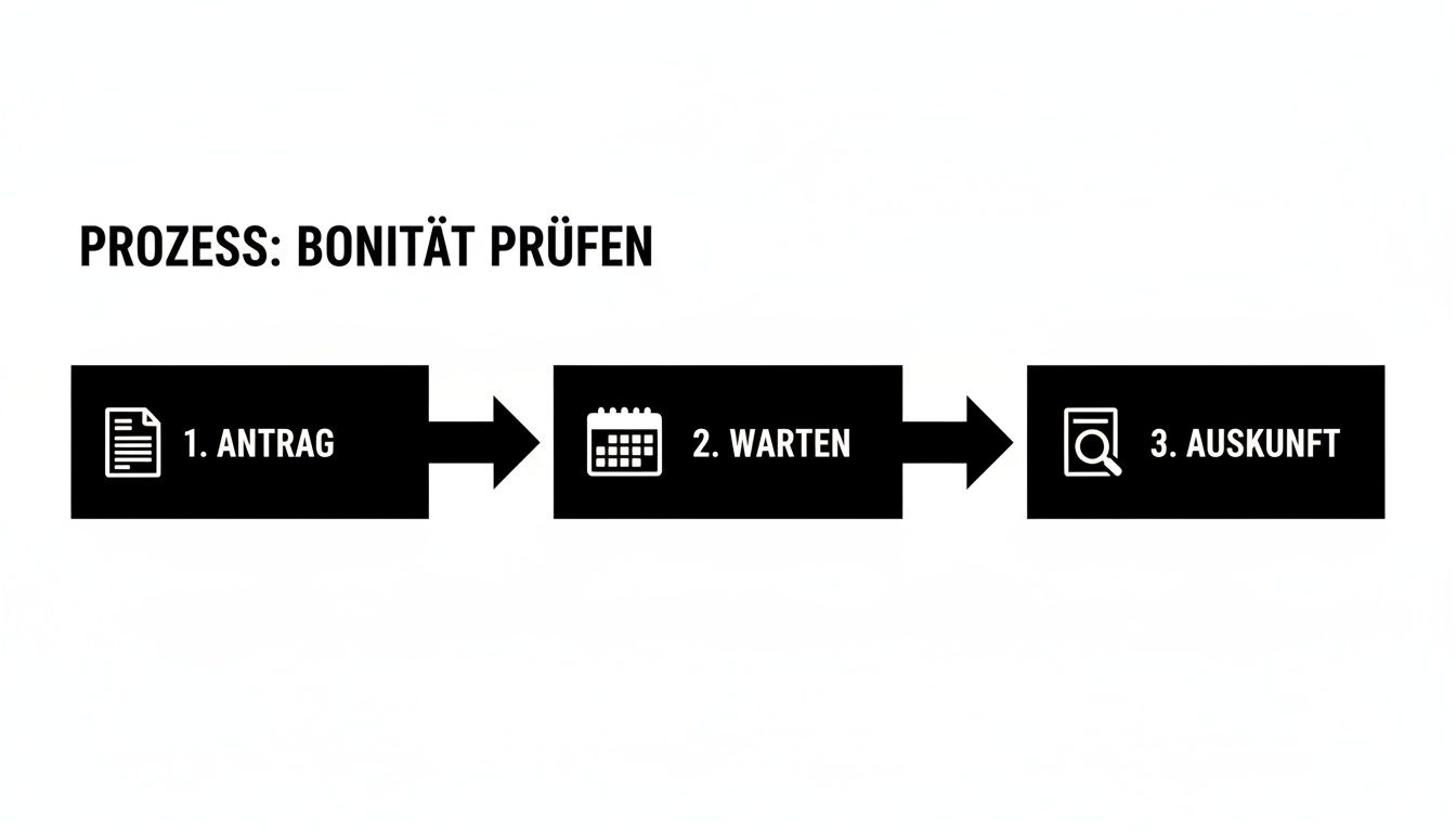 Flussdiagramm zeigt den Prozess zur Bonitätsprüfung in drei Schritten: Antrag, Wartezeit und Auskunft.