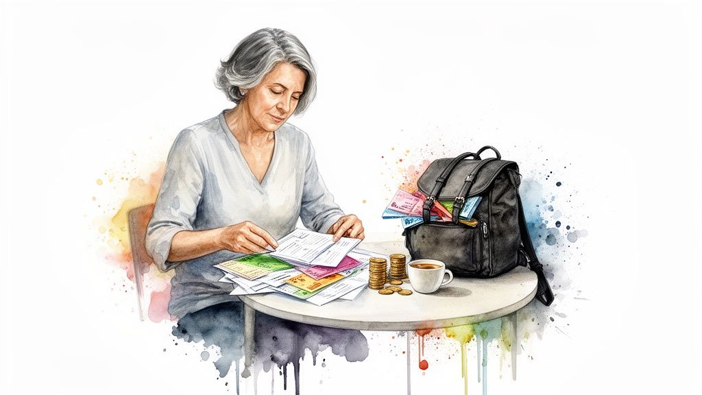 Ältere Frau prüft Rechnungen und Geld auf einem Tisch, daneben ein Rucksack und Kaffee.