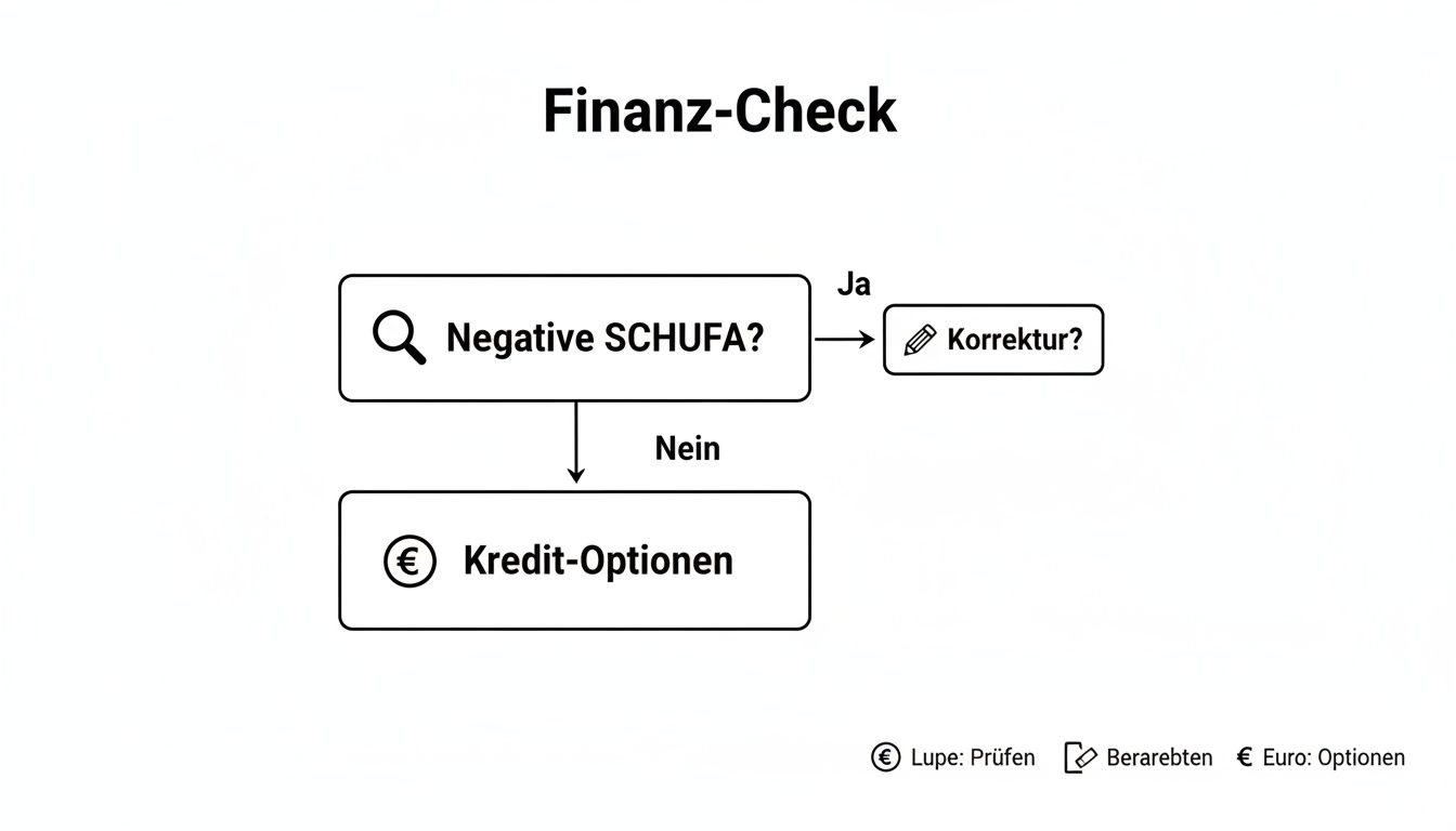 Flussdiagramm zum Finanz-Check: Prüft negative SCHUFA-Einträge und zeigt Optionen für Korrektur oder Kredite.