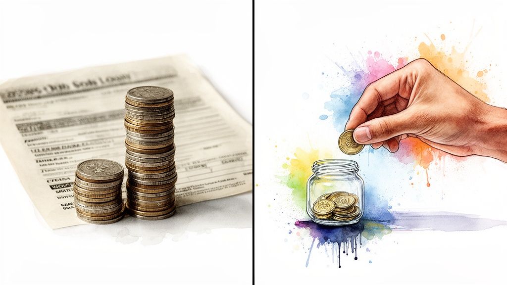 Finanzielle Gegenüberstellung: Münzstapel auf einem Dokument symbolisieren Schulden, während Münzen in einem Sparglas Sparen darstellen.