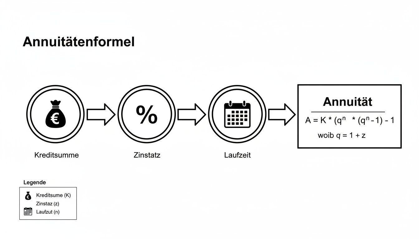 Flussdiagramm der Annuitätenformel mit Kreditsumme, Zinssatz, Laufzeit und der Berechnung der Annuität.