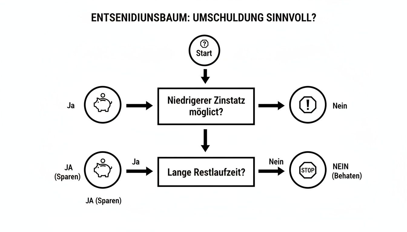 Flussdiagramm: Umschuldung sinnvoll? Analyse basierend auf niedrigeren Zinsen und der Restlaufzeit.
