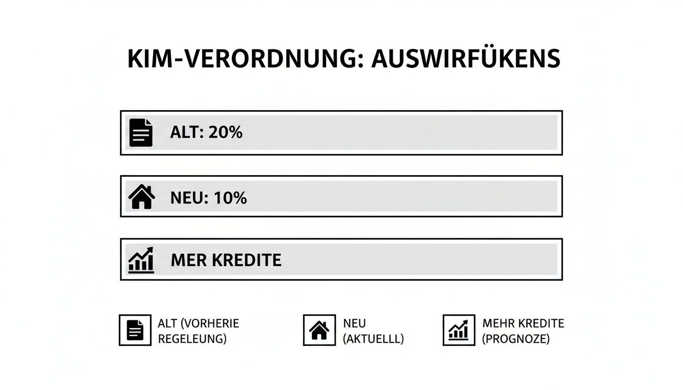 Infografik zur KIM-Verordnung, die alte und neue Eigenkapitalanforderungen (20% auf 10%) und die Prognose für mehr Kredite darstellt.