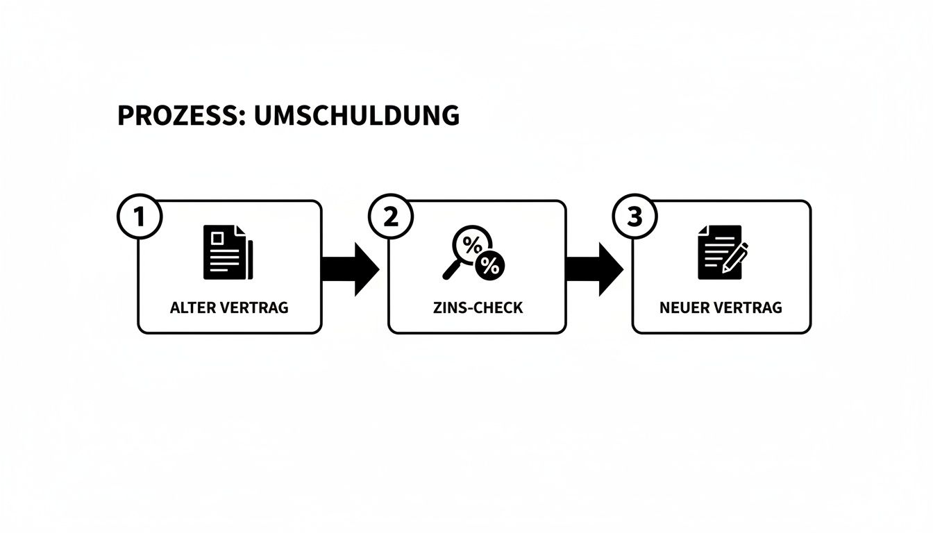 Prozess zur Umschuldung, beginnend mit dem alten Vertrag, gefolgt von einem Zins-Check und dem neuen Vertrag.