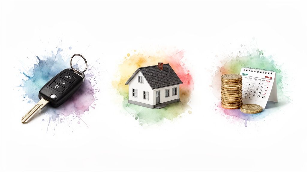 Autoschlüssel, Hausmodell und Münzen mit Kalender auf farbigen Klecksen symbolisieren wichtige finanzielle Entscheidungen.