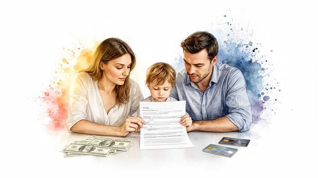 Eine Familie, bestehend aus Eltern und Kind, betrachtet ein Dokument auf einem Tisch mit Geld und Kreditkarten, im Aquarellstil.