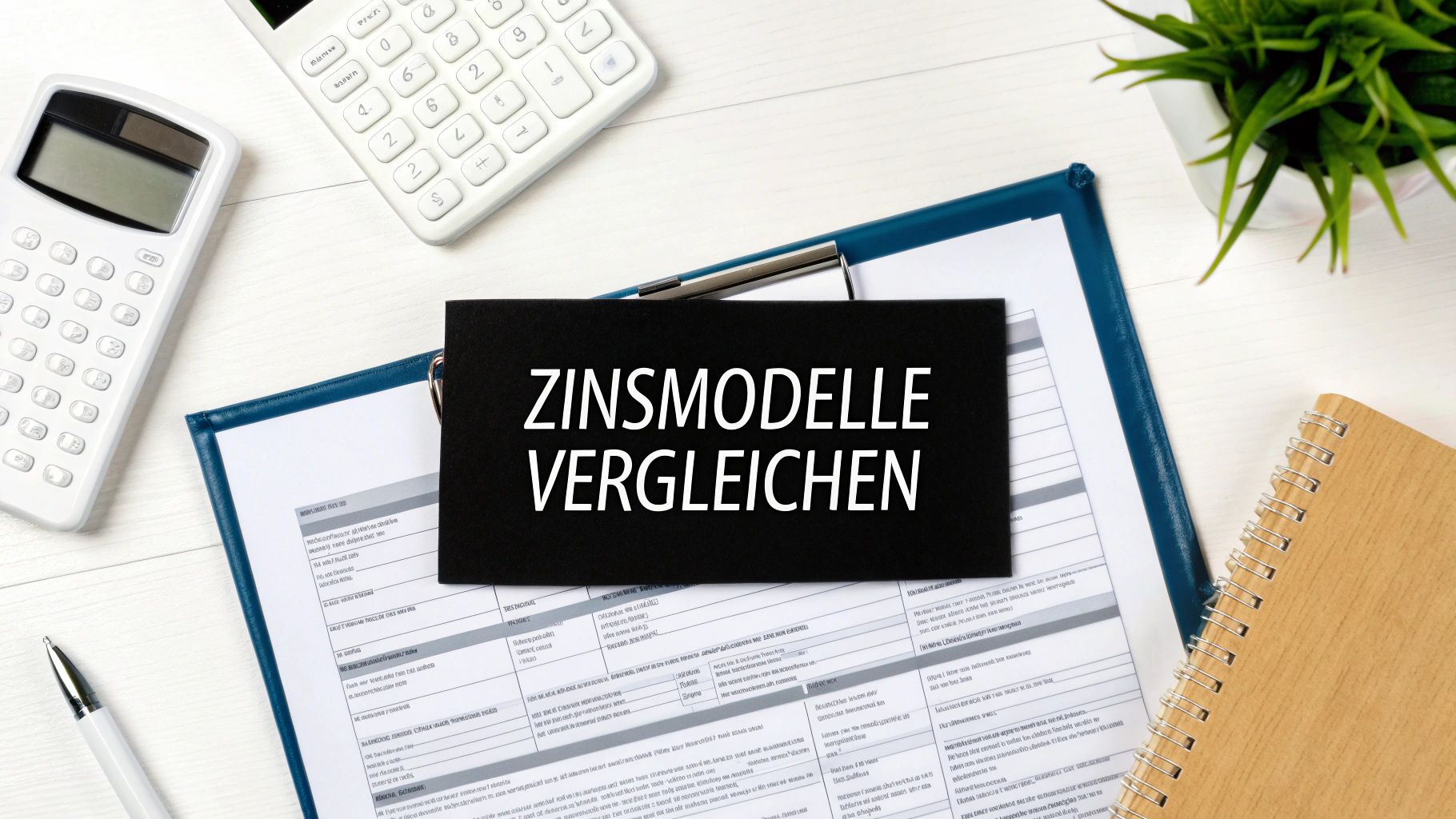 Blick von oben auf einen Schreibtisch mit Rechnern, Stift und einer Notizkarte: ZINSMODELLE VERGLEICHEN.