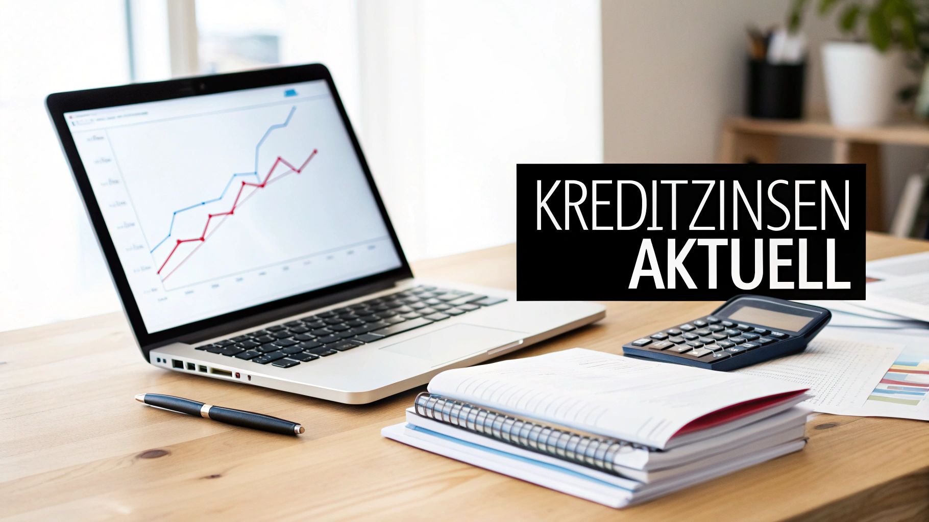 Büroarbeitsplatz mit Laptop, Kreditrechner und Notizbüchern, daneben Text: 'Kreditzinsen Aktuell'.
