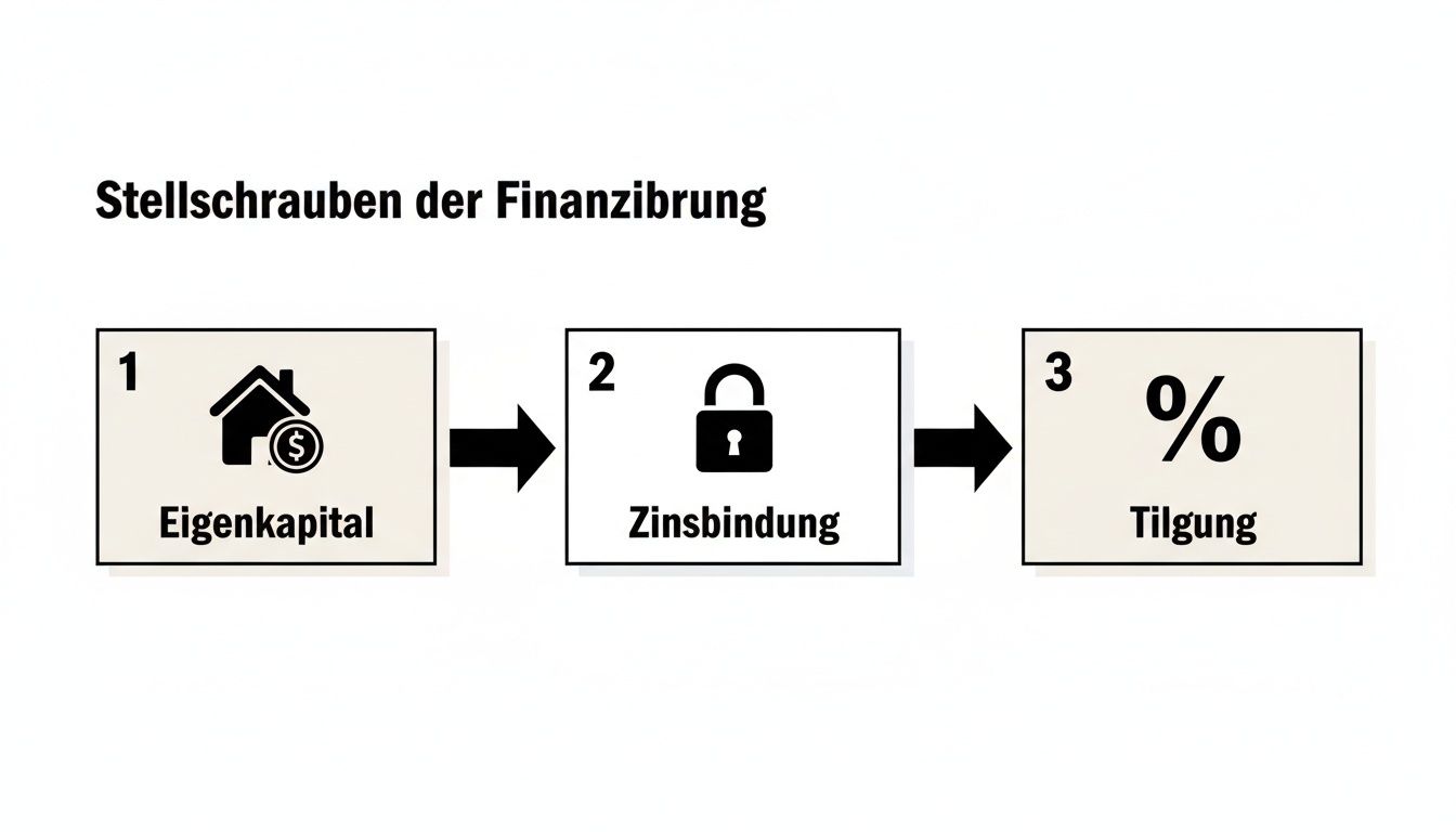 Flussdiagramm zeigt die drei Hauptfaktoren der Baufinanzierung: Eigenkapital, Zinsbindung und Tilgung.