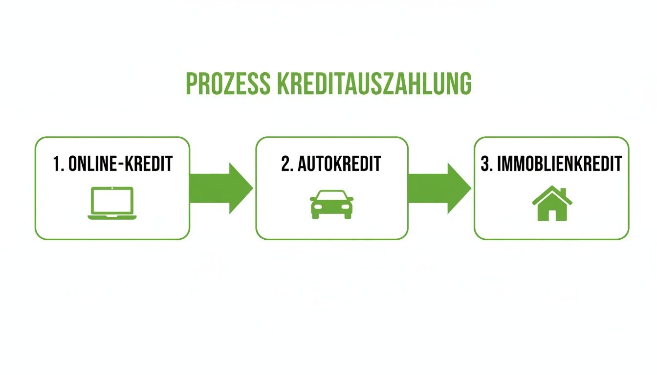 Prozess der Kreditauszahlung: 1. Online-Kredit mit Laptop, 2. Autokredit mit Auto, 3. Immobilienkredit mit Haus.