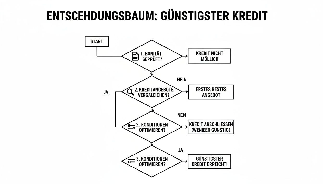 Flussdiagramm zum günstigsten Kredit, das Schritte wie Bonitätsprüfung, Angebotsvergleich und Konditionenoptimierung zeigt.