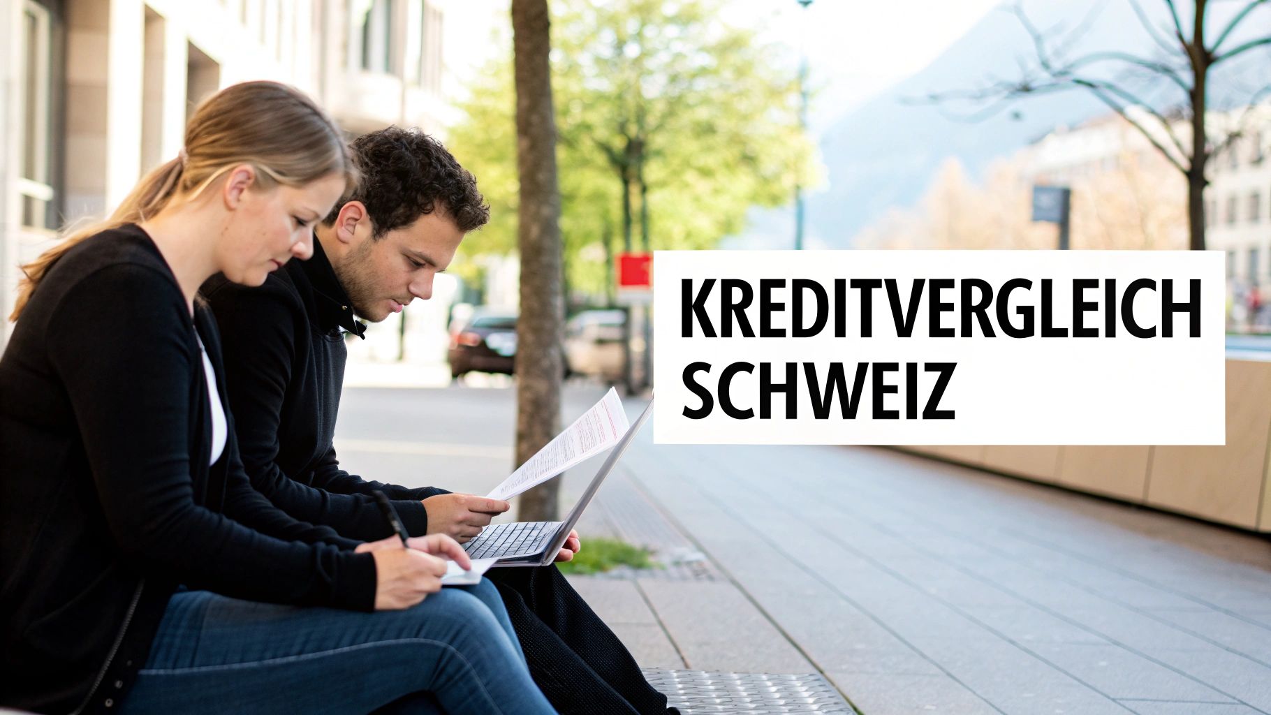 Zwei Personen vergleichen Kreditinformationen auf einem Laptop und mit Dokumenten im Freien, mit dem Text 'KREDITVERGLEICH SCHWEIZ'.