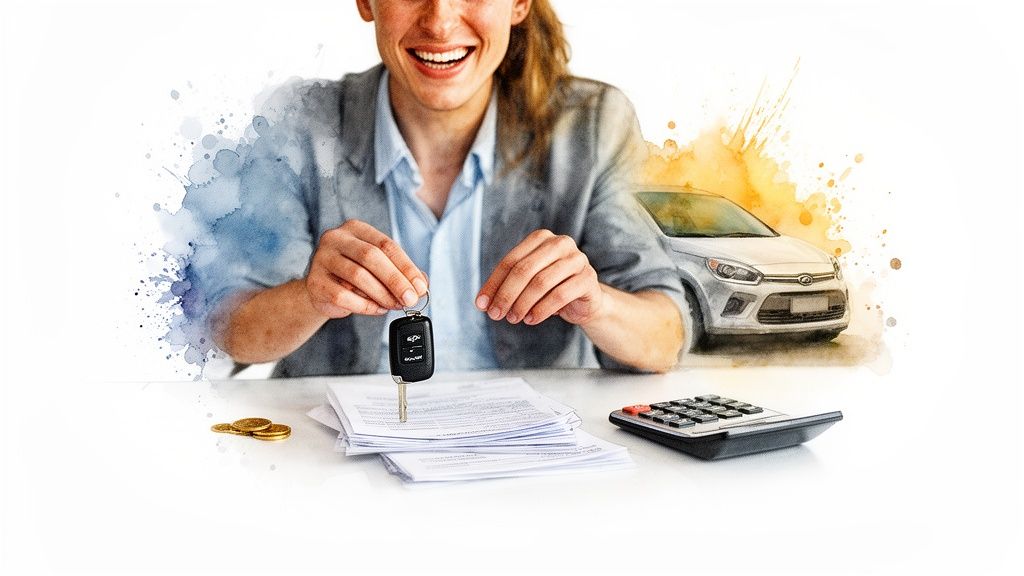 Lächelnde Person hält Autoschlüssel vor Finanzierungsunterlagen, Rechner und einem Auto.