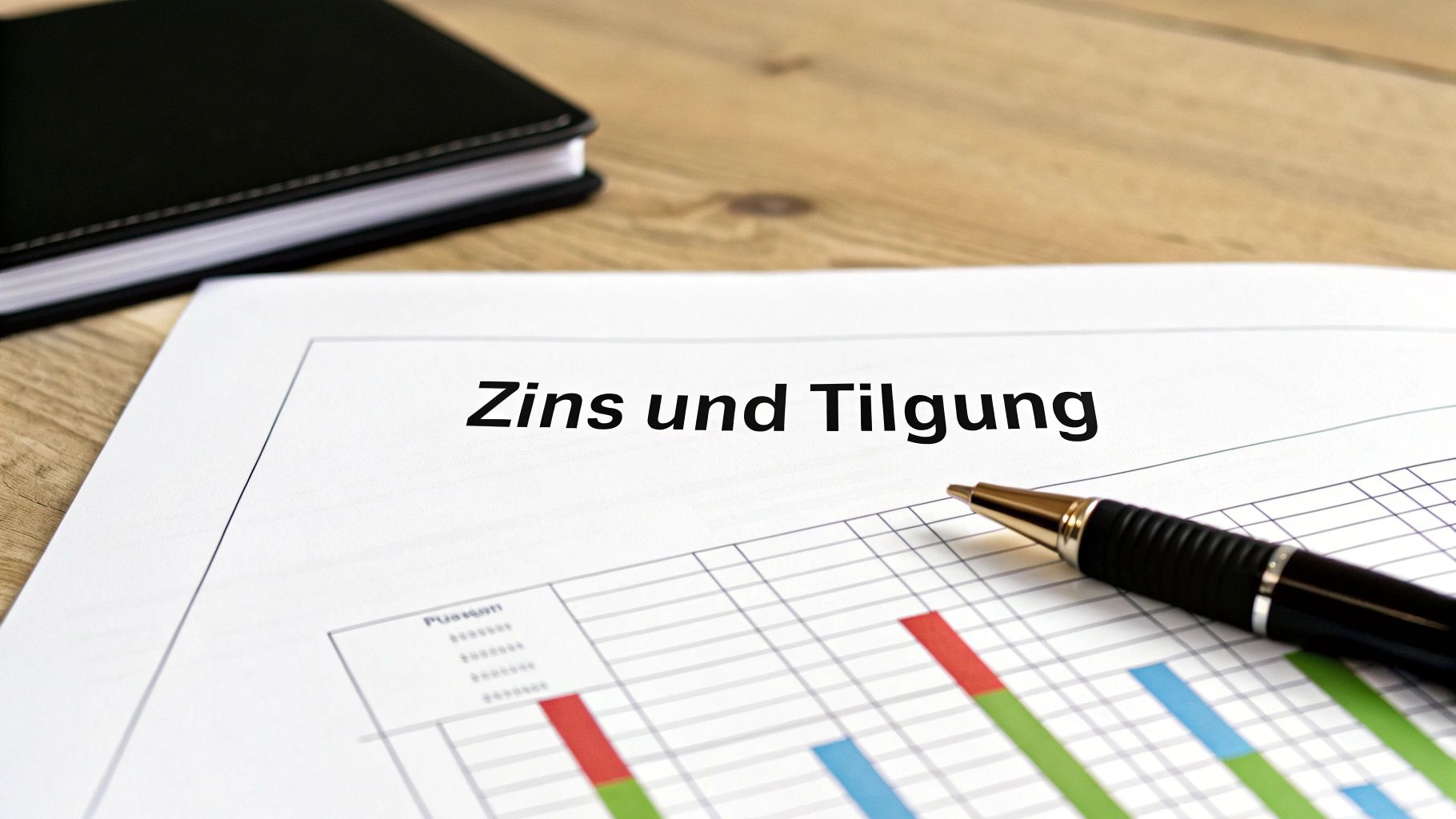 Ein Dokument mit der Überschrift "Zins und Tilgung" liegt auf einem Holztisch, daneben ein Stift und ein Notizbuch.