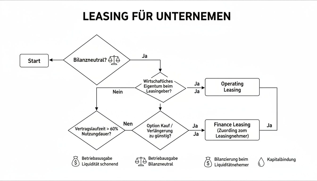 Flussdiagramm zur Entscheidungsfindung zwischen Operating und Finance Leasing für Unternehmen.
