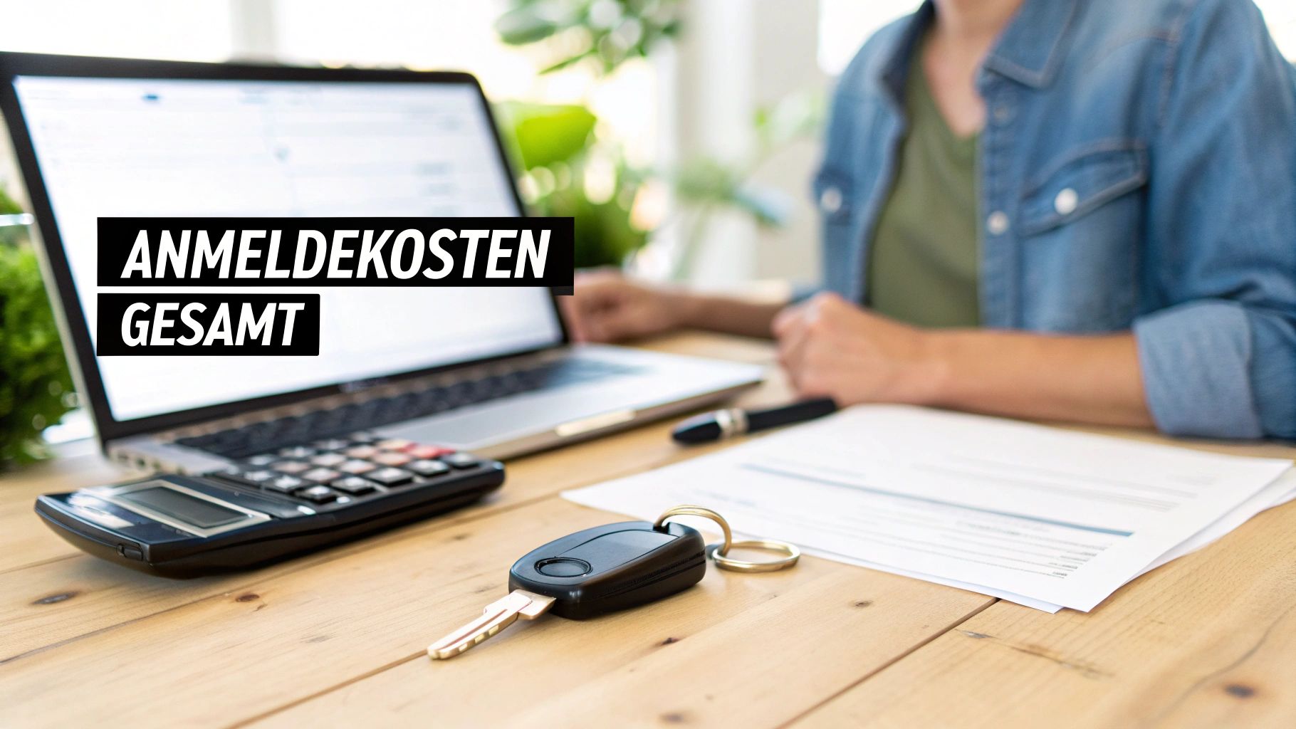 Person berechnet Anmeldekosten für ein Fahrzeug mit Laptop, Taschenrechner und Autoschlüssel auf einem Holztisch.