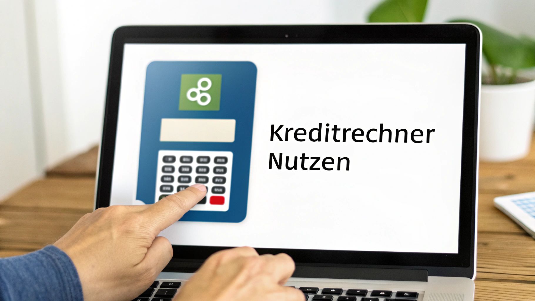 Eine Hand tippt auf einen Laptop-Bildschirm, der einen digitalen Kreditrechner anzeigt und den Text „Kreditrechner Nutzen“.