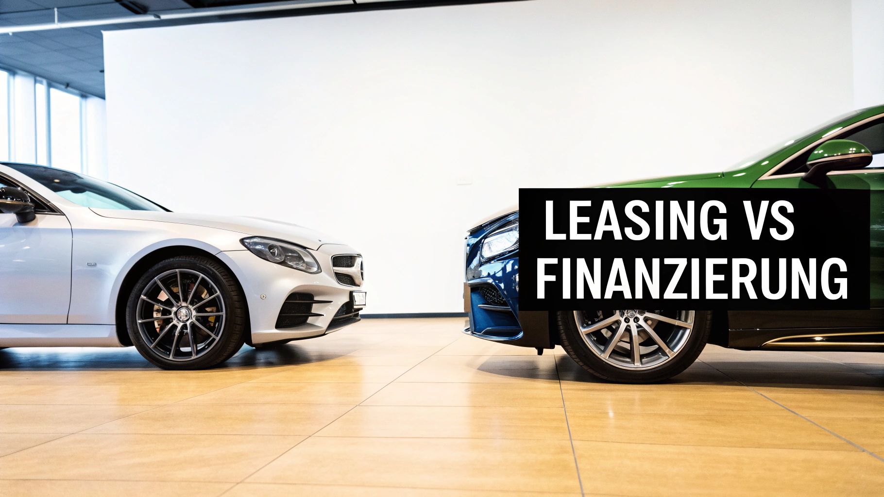 Zwei moderne Luxusautos in einem Autohaus, mit Text 'LEASING VS FINANZIERUNG' auf schwarzem Hintergrund.