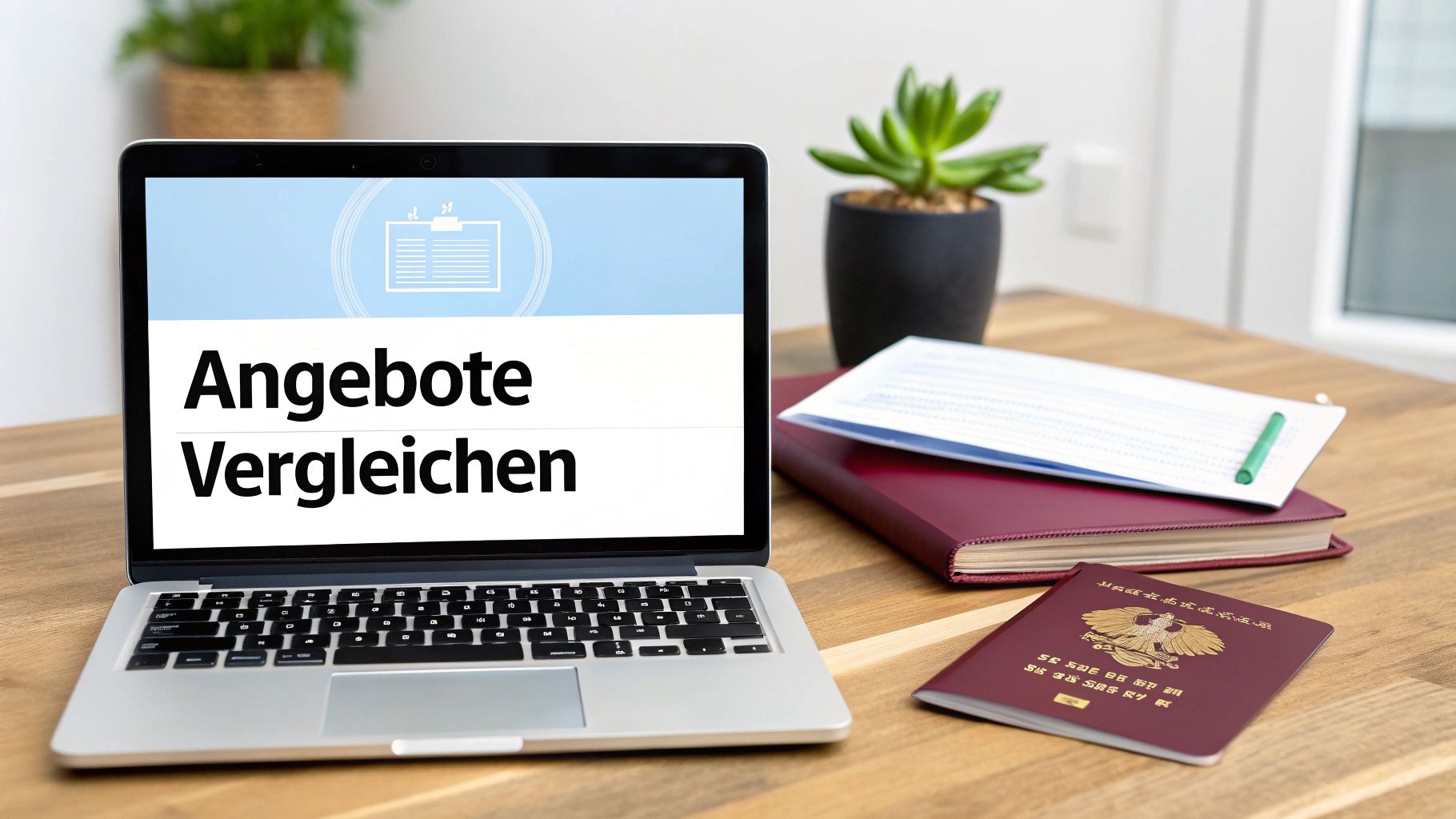 Laptop auf einem Holztisch zeigt die Aufschrift 'Angebote Vergleichen', umgeben von Unterlagen und einem Pass.