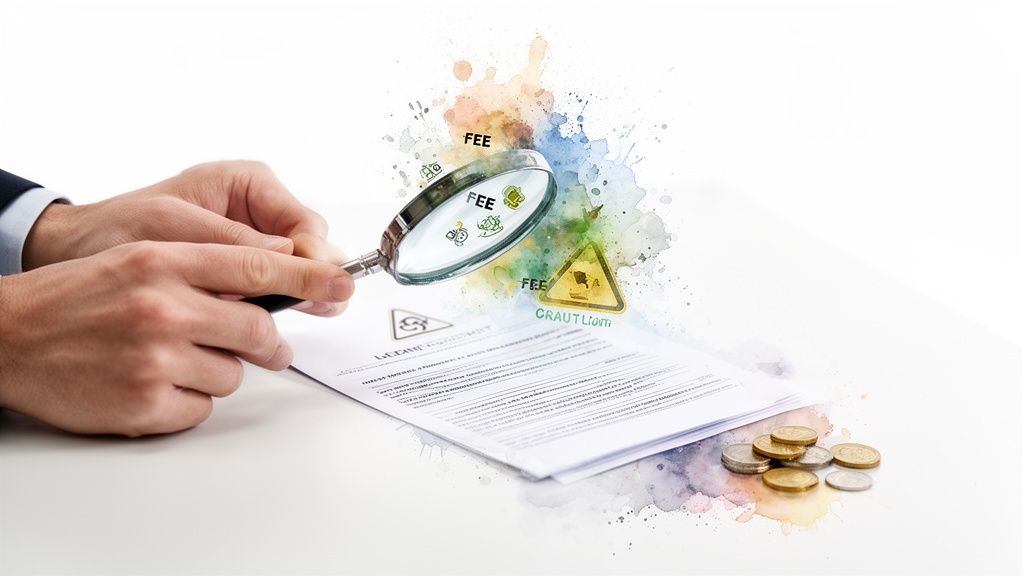 Hände halten eine Lupe über ein Dokument, das auf versteckte Gebühren und Risiken hinweist, um finanzielle Transparenz zu gewährleisten.