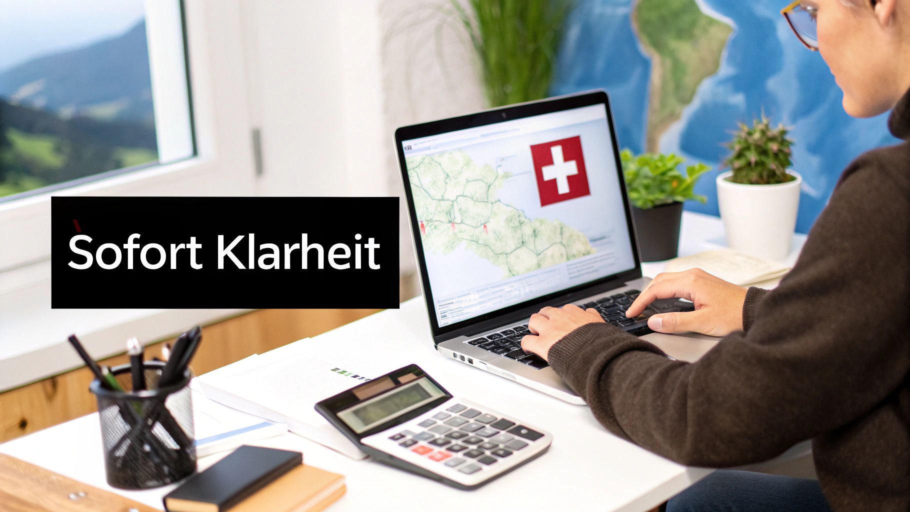 Eine Person nutzt einen Laptop mit Schweizer Karte und Flagge für Finanzberechnungen, daneben ein Rechner. Text: Sofort Klarheit.