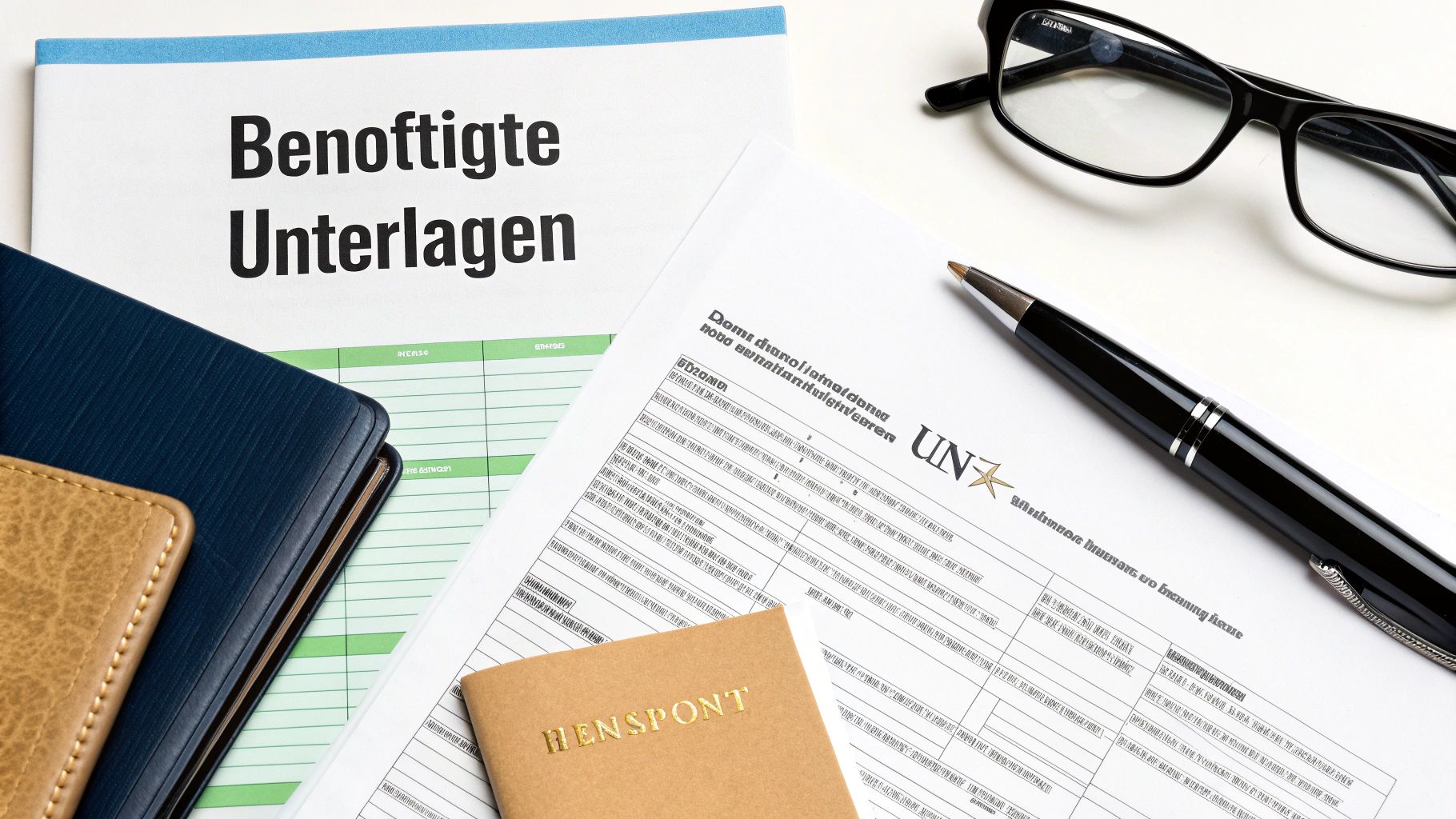 Auf einem Schreibtisch liegen Dokumente mit der Aufschrift 'Benötigte Unterlagen', eine Brille und ein Stift.