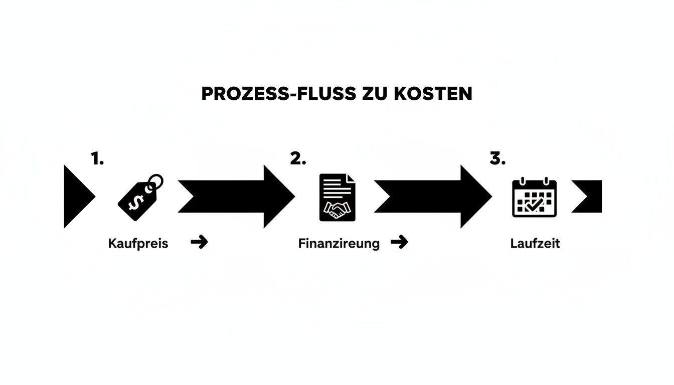 Flussdiagramm zum Kostenprozess: Kaufpreis, Finanzierung und Laufzeit werden visuell dargestellt.