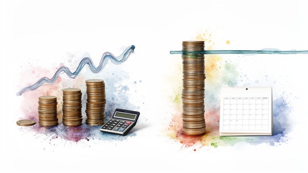 Münzstapel mit steigendem Diagramm, Taschenrechner und Kalender symbolisieren Finanzwachstum und Zeitmanagement.