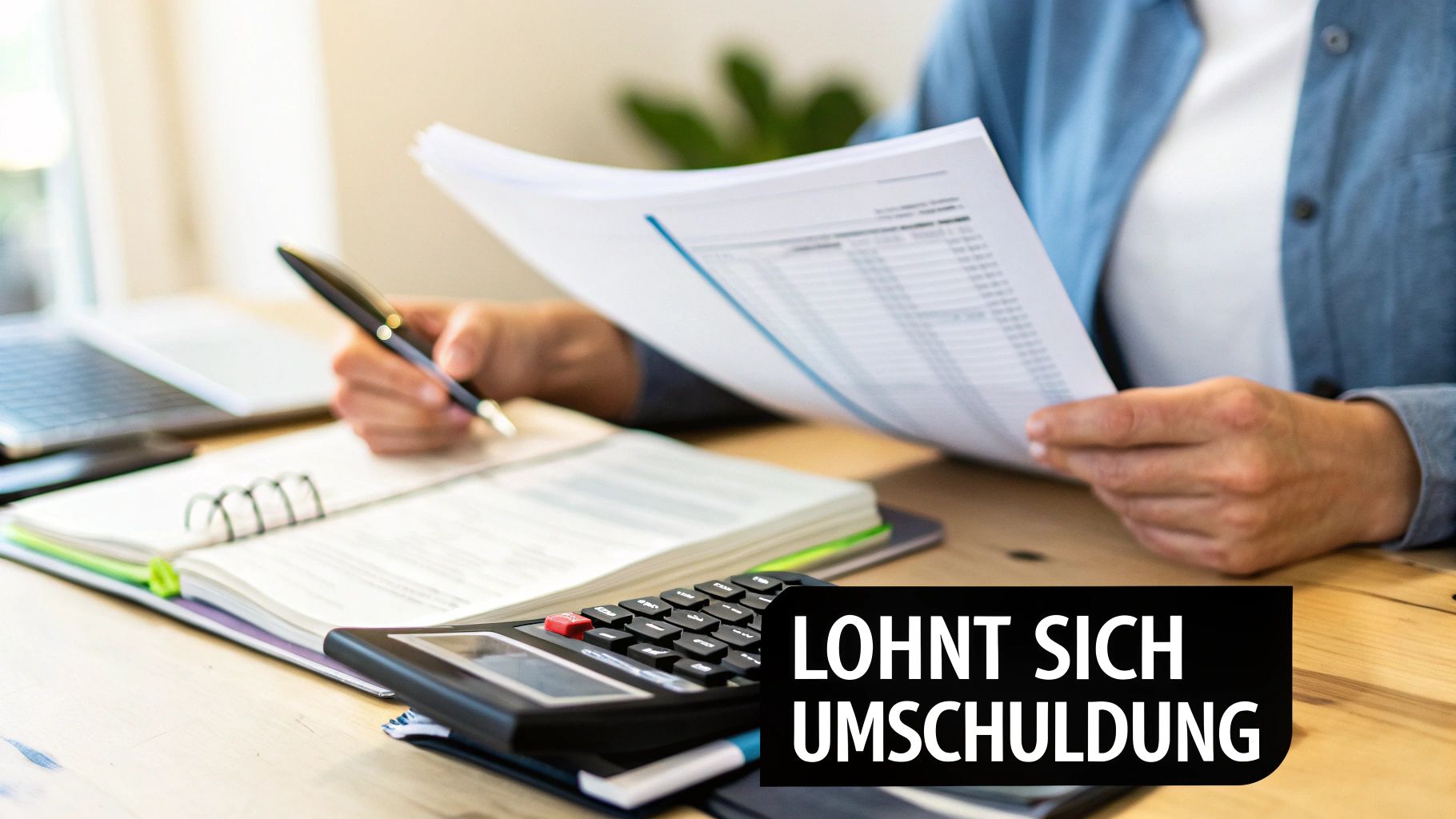 Eine Person prüft Finanzdokumente mit Taschenrechner am Schreibtisch, fragt sich ob Umschuldung sich lohnt.