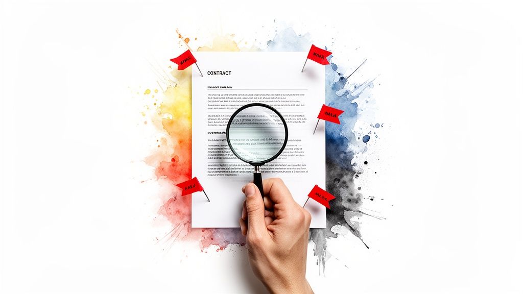 Eine Hand hält eine Lupe über einen Vertrag mit roten Warnflaggen und Farbspritzern, der eine genaue Prüfung symbolisiert.