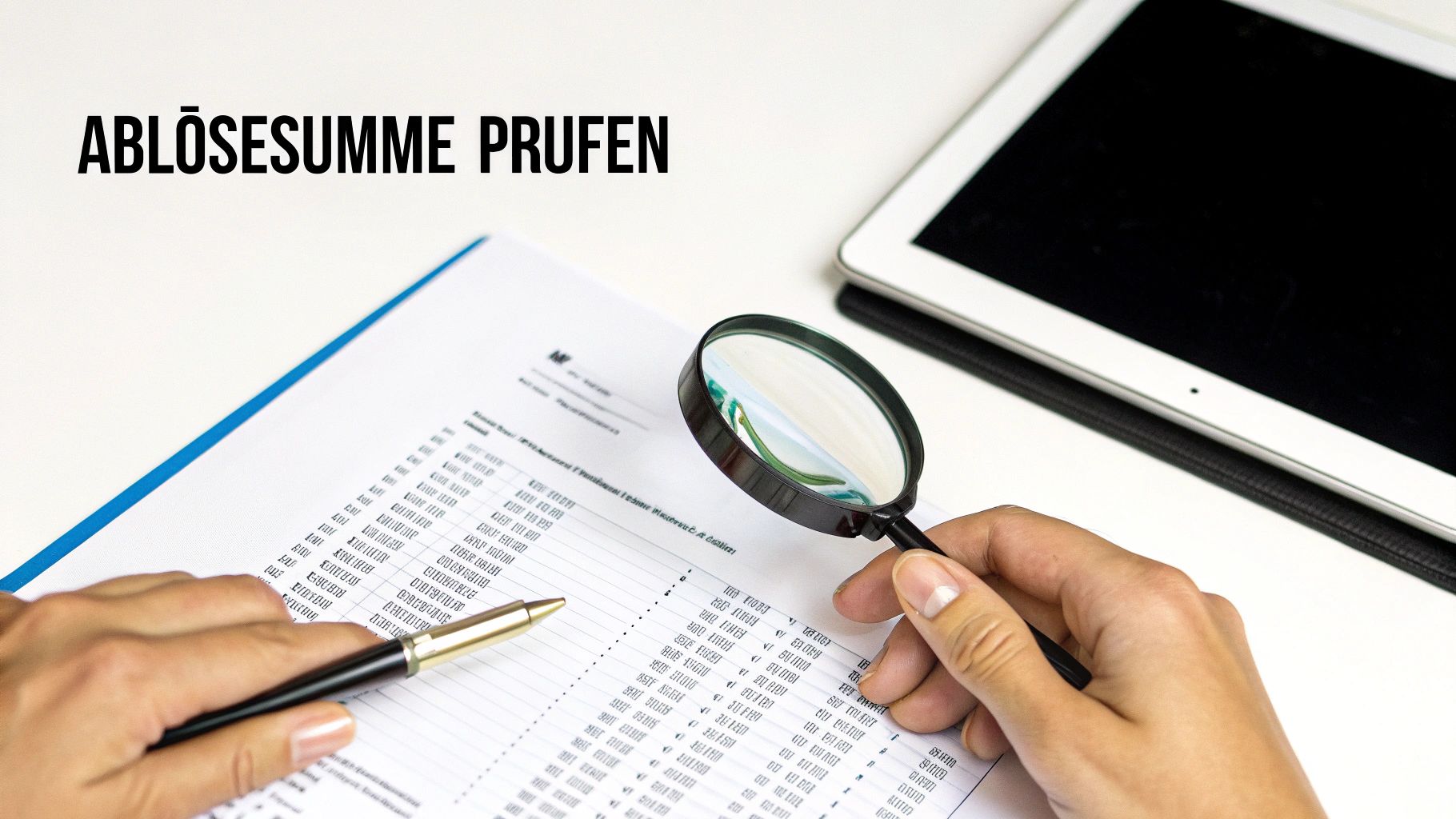 Hände prüfen Ablösesumme auf einem Dokument mit einer Lupe und einem Stift.