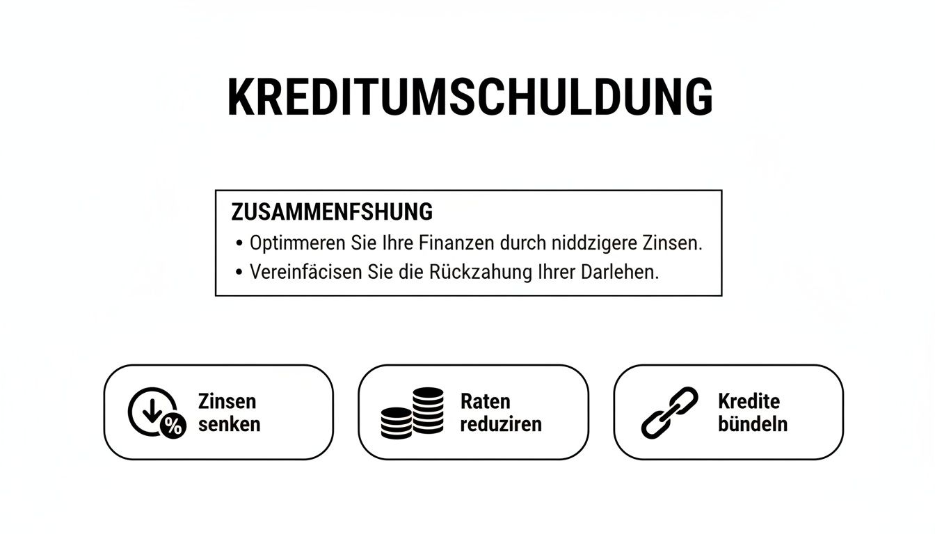 Infografik zur Kreditumschuldung: Zinsen senken, Raten reduzieren, Kredite bündeln für bessere Finanzen.
