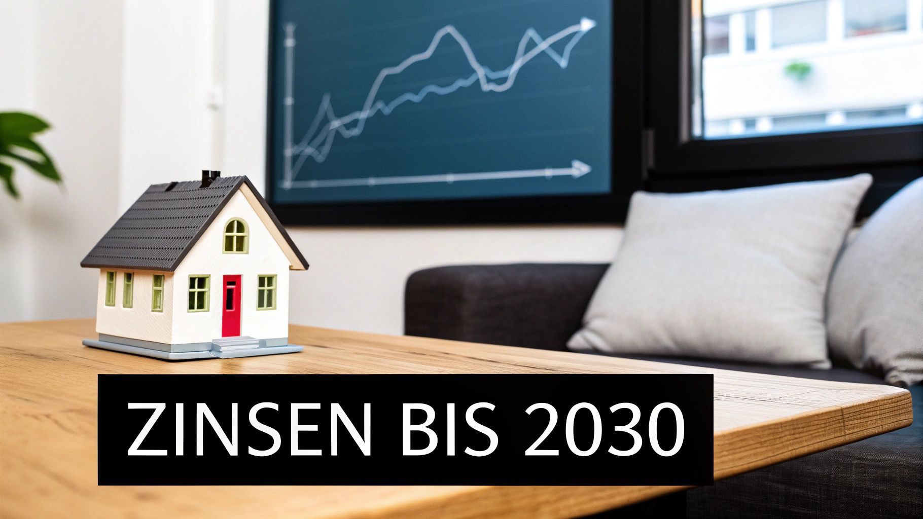 Miniaturhaus auf Holztisch, im Hintergrund ein Chart mit Zinsentwicklung und der Text Zinsen bis 2030.
