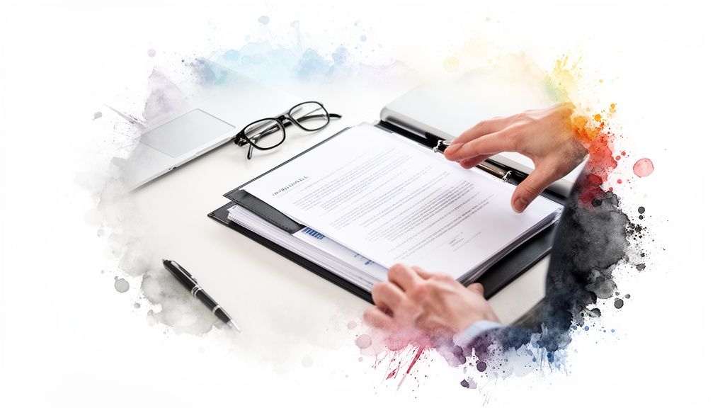 Person blättert durch Finanzdokumente auf einem Schreibtisch mit Laptop und Brille, umgeben von bunten Aquarellspritzern.