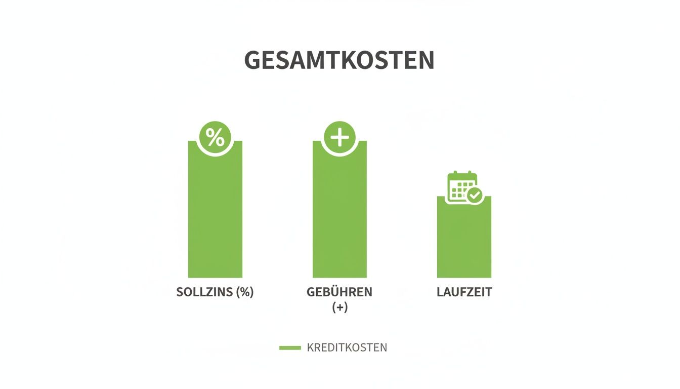 Infografik visualisiert die Gesamtkosten eines Kredits, aufgeteilt in Sollzins, Gebühren und Laufzeit.
