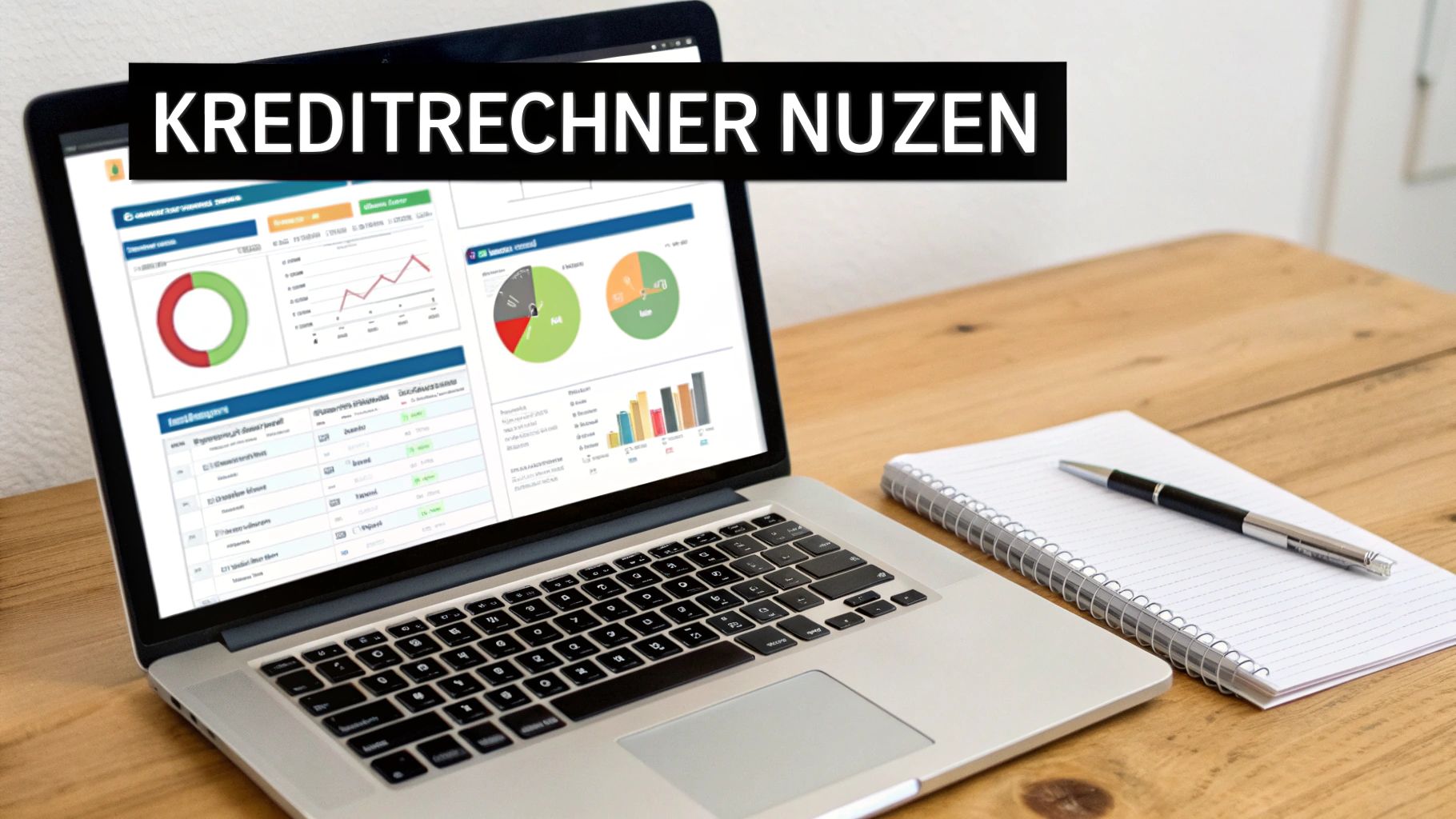 Laptop auf einem Holztisch mit Finanzdaten-Dashboard und dem Schriftzug 'Kreditrechner nutzen'. Daneben ein Notizbuch und Stift.