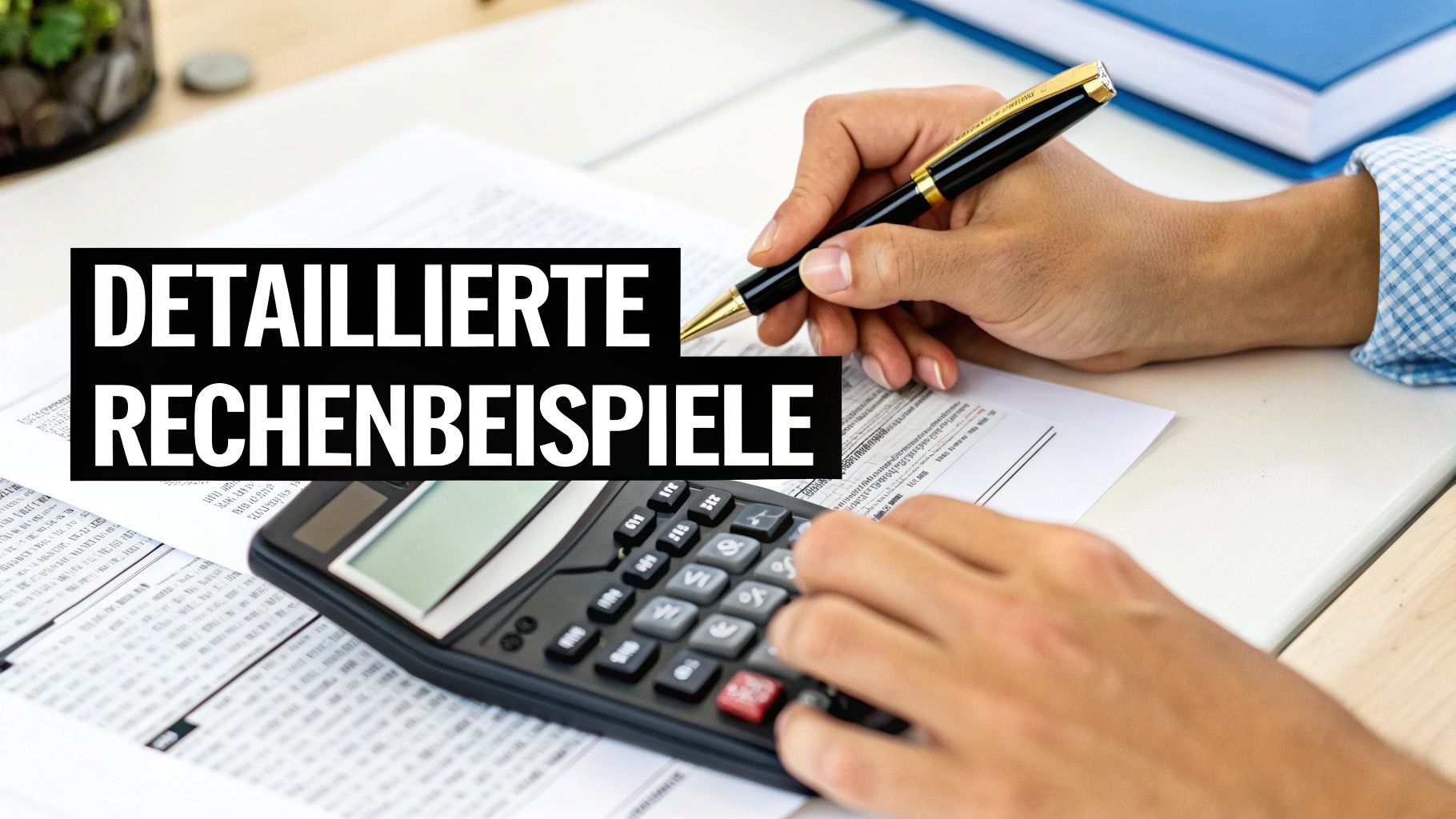 Eine Person arbeitet mit einem Taschenrechner und Stift an detaillierten Rechenbeispielen auf einem Schreibtisch.