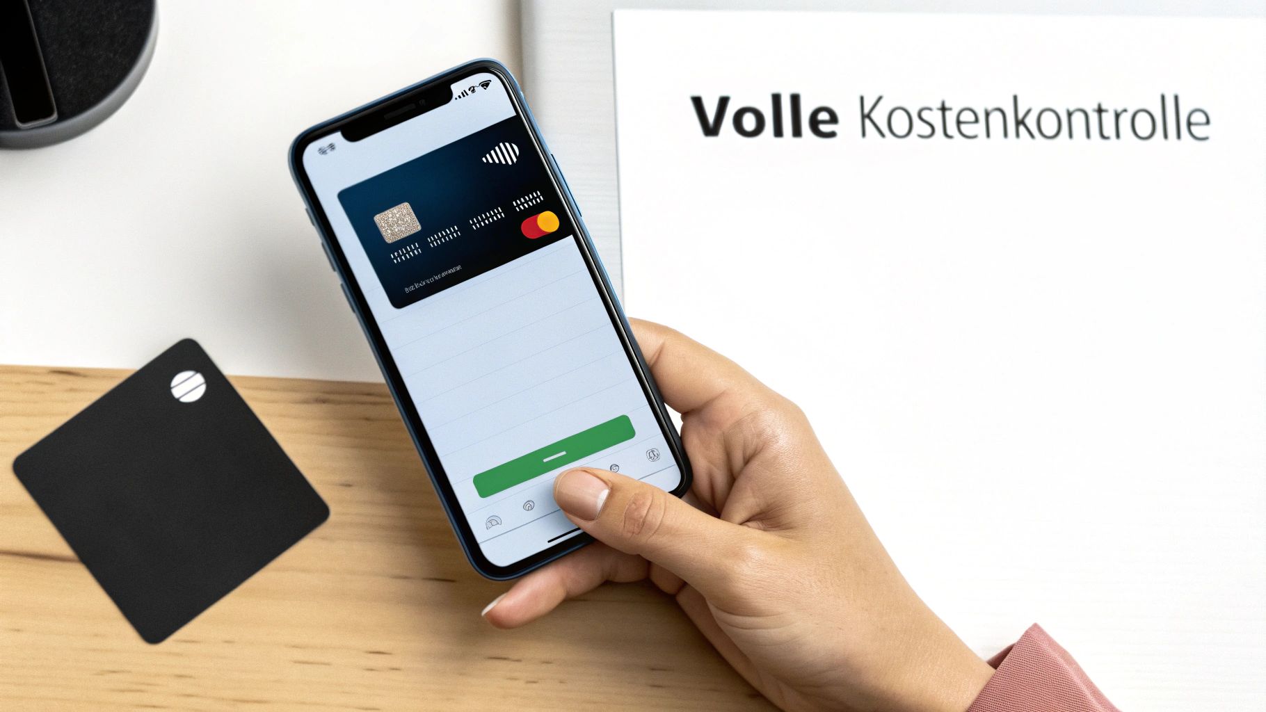 Eine Hand hält ein Smartphone mit einer digitalen Kreditkarten-App und dem Text 'Volle Kostenkontrolle'.