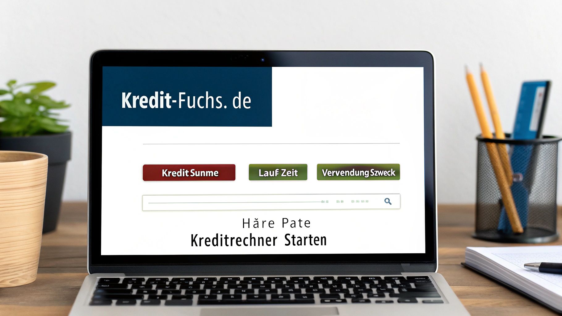 Laptop zeigt die Website Kredit-Fuchs.de, einen Online-Kreditrechner zur Berechnung von Kreditsumme, Laufzeit und Verwendungszweck.