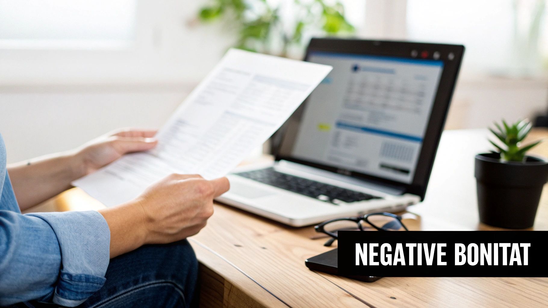 Person am Schreibtisch mit Dokumenten und Laptop, auf dem Finanzdaten sichtbar sind, mit Text 'NEGATIVE BONITAT'.